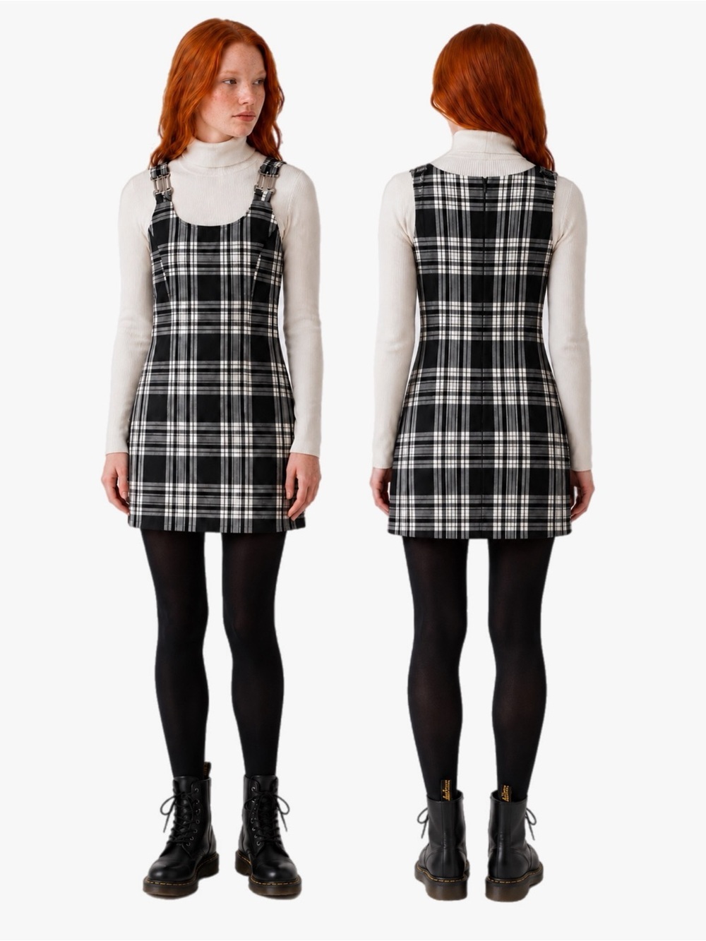 Vintage 90s Street Code Black Plaid Pinafore Mini Dress Made in USA